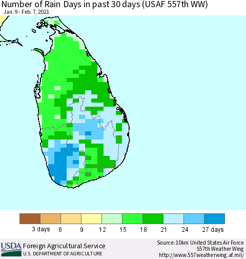 Sri Lanka Number of Rain Days in past 30 days (USAF 557th WW) 02/07/2021 Thematic Map For 2/1/2021 - 2/7/2021