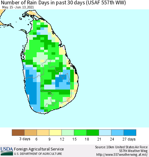 Sri Lanka Number of Rain Days in past 30 days (USAF 557th WW) 06/13/2021 Thematic Map For 6/7/2021 - 6/13/2021