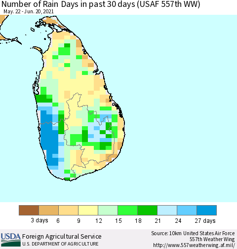 Sri Lanka Number of Rain Days in past 30 days (USAF 557th WW) 06/20/2021 Thematic Map For 6/14/2021 - 6/20/2021