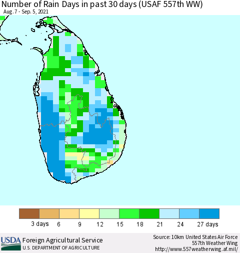 Sri Lanka Number of Rain Days in past 30 days (USAF 557th WW) 09/05/2021 Thematic Map For 8/30/2021 - 9/5/2021