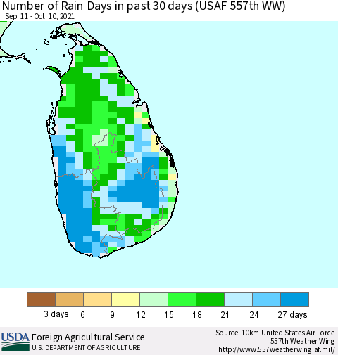 Sri Lanka Number of Rain Days in past 30 days (USAF 557th WW) 10/10/2021 Thematic Map For 10/4/2021 - 10/10/2021