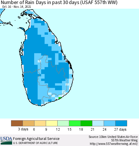 Sri Lanka Number of Rain Days in past 30 days (USAF 557th WW) 11/14/2021 Thematic Map For 11/8/2021 - 11/14/2021