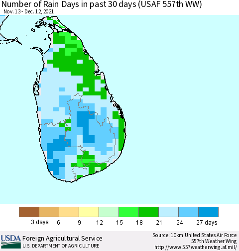 Sri Lanka Number of Rain Days in past 30 days (USAF 557th WW) 12/12/2021 Thematic Map For 12/6/2021 - 12/12/2021