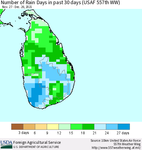 Sri Lanka Number of Rain Days in past 30 days (USAF 557th WW) 12/26/2021 Thematic Map For 12/20/2021 - 12/26/2021