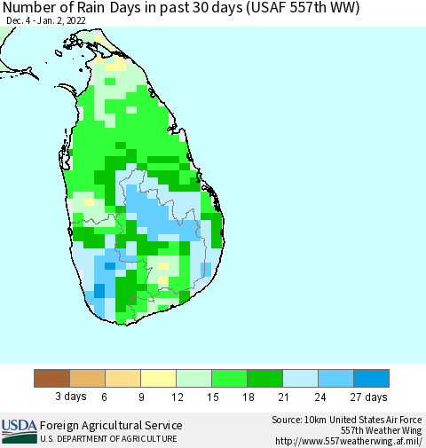 Sri Lanka Number of Rain Days in past 30 days (USAF 557th WW) 01/02/2022 Thematic Map For 12/27/2021 - 1/2/2022