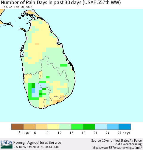 Sri Lanka Number of Rain Days in past 30 days (USAF 557th WW) 02/20/2022 Thematic Map For 2/14/2022 - 2/20/2022