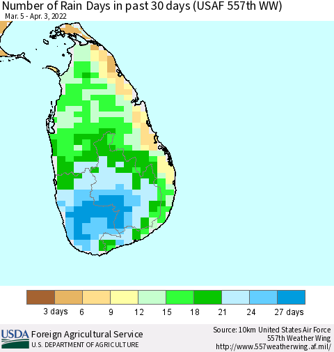 Sri Lanka Number of Rain Days in past 30 days (USAF 557th WW) 04/03/2022 Thematic Map For 3/28/2022 - 4/3/2022