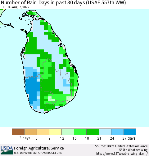 Sri Lanka Number of Rain Days in past 30 days (USAF 557th WW) 08/07/2022 Thematic Map For 8/1/2022 - 8/7/2022