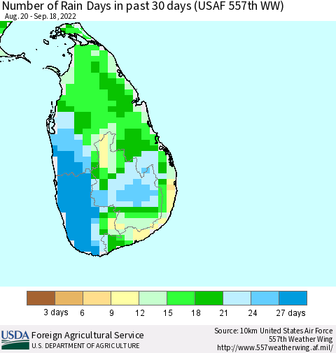 Sri Lanka Number of Rain Days in past 30 days (USAF 557th WW) 09/18/2022 Thematic Map For 9/12/2022 - 9/18/2022