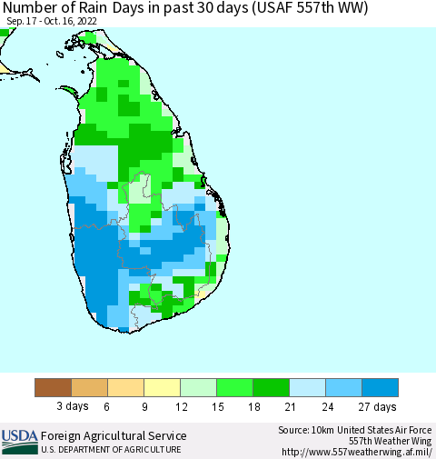 Sri Lanka Number of Rain Days in past 30 days (USAF 557th WW) 10/16/2022 Thematic Map For 10/10/2022 - 10/16/2022
