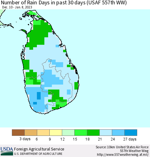 Sri Lanka Number of Rain Days in past 30 days (USAF 557th WW) 01/08/2023 Thematic Map For 1/2/2023 - 1/8/2023
