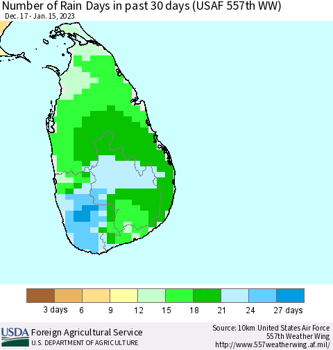 Sri Lanka Number of Rain Days in past 30 days (USAF 557th WW) 01/15/2023 Thematic Map For 1/9/2023 - 1/15/2023