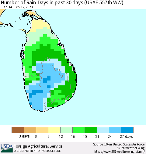 Sri Lanka Number of Rain Days in past 30 days (USAF 557th WW) 02/12/2023 Thematic Map For 2/6/2023 - 2/12/2023