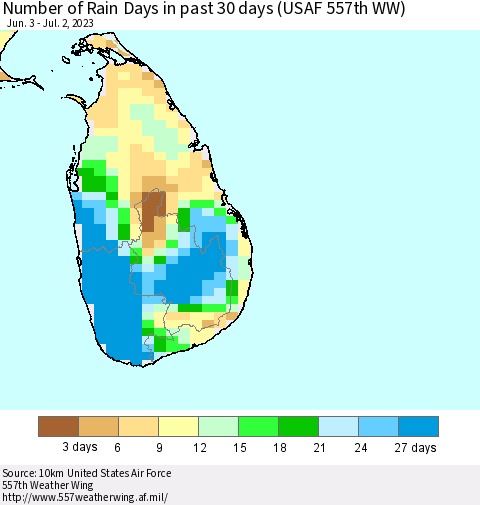 Sri Lanka Number of Rain Days in past 30 days (USAF 557th WW) 07/02/2023 Thematic Map For 6/26/2023 - 7/2/2023