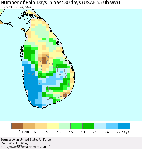 Sri Lanka Number of Rain Days in past 30 days (USAF 557th WW) 07/23/2023 Thematic Map For 7/17/2023 - 7/23/2023
