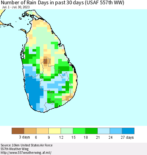 Sri Lanka Number of Rain Days in past 30 days (USAF 557th WW) 07/30/2023 Thematic Map For 7/24/2023 - 7/30/2023