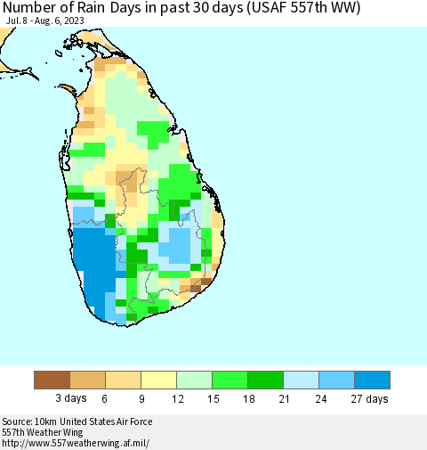 Sri Lanka Number of Rain Days in past 30 days (USAF 557th WW) 08/06/2023 Thematic Map For 7/31/2023 - 8/6/2023