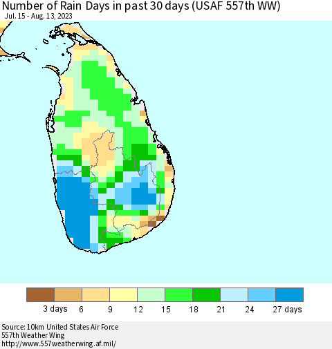 Sri Lanka Number of Rain Days in past 30 days (USAF 557th WW) 08/13/2023 Thematic Map For 8/7/2023 - 8/13/2023