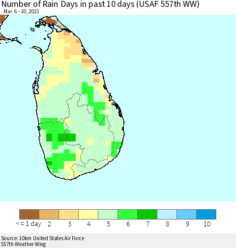 Sri Lanka Number of Rain Days in past 10 days (USAF 557th WW) Thematic Map For 3/6/2021 - 3/10/2021