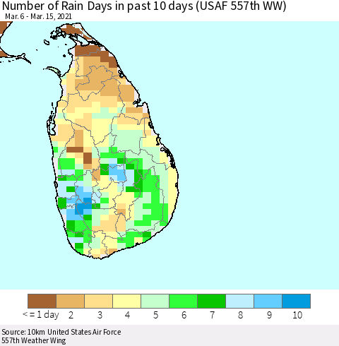 Sri Lanka Number of Rain Days in past 10 days (USAF 557th WW) Thematic Map For 3/11/2021 - 3/15/2021