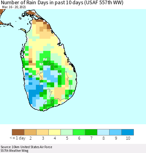 Sri Lanka Number of Rain Days in past 10 days (USAF 557th WW) Thematic Map For 3/16/2021 - 3/20/2021