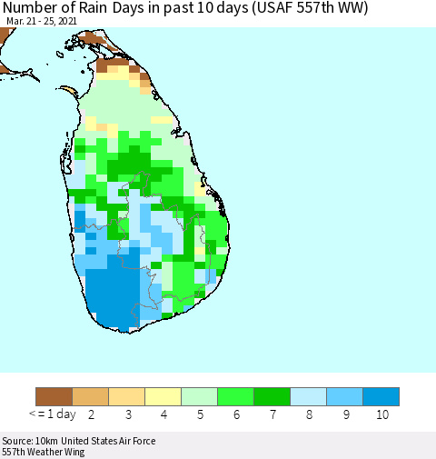 Sri Lanka Number of Rain Days in past 10 days (USAF 557th WW) Thematic Map For 3/21/2021 - 3/25/2021