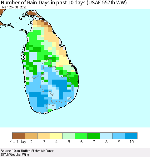 Sri Lanka Number of Rain Days in past 10 days (USAF 557th WW) Thematic Map For 3/26/2021 - 3/31/2021