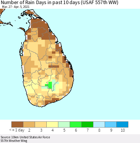 Sri Lanka Number of Rain Days in past 10 days (USAF 557th WW) Thematic Map For 4/1/2021 - 4/5/2021