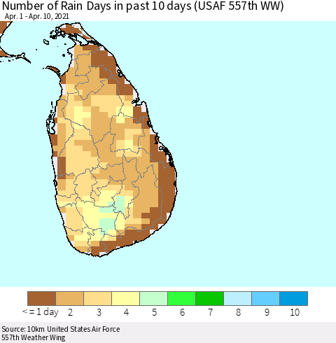 Sri Lanka Number of Rain Days in past 10 days (USAF 557th WW) Thematic Map For 4/6/2021 - 4/10/2021