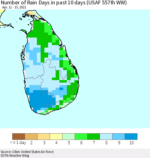Sri Lanka Number of Rain Days in past 10 days (USAF 557th WW) Thematic Map For 4/11/2021 - 4/15/2021