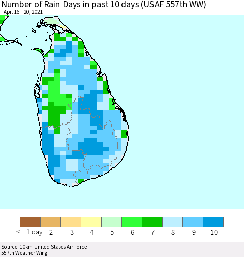 Sri Lanka Number of Rain Days in past 10 days (USAF 557th WW) Thematic Map For 4/16/2021 - 4/20/2021