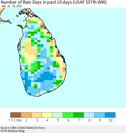 Sri Lanka Number of Rain Days in past 10 days (USAF 557th WW) Thematic Map For 4/21/2021 - 4/25/2021