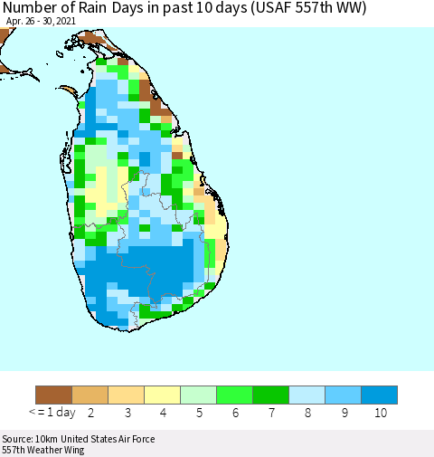 Sri Lanka Number of Rain Days in past 10 days (USAF 557th WW) Thematic Map For 4/26/2021 - 4/30/2021