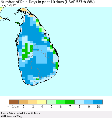 Sri Lanka Number of Rain Days in past 10 days (USAF 557th WW) Thematic Map For 5/1/2021 - 5/5/2021