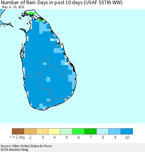 Sri Lanka Number of Rain Days in past 10 days (USAF 557th WW) Thematic Map For 5/6/2021 - 5/10/2021