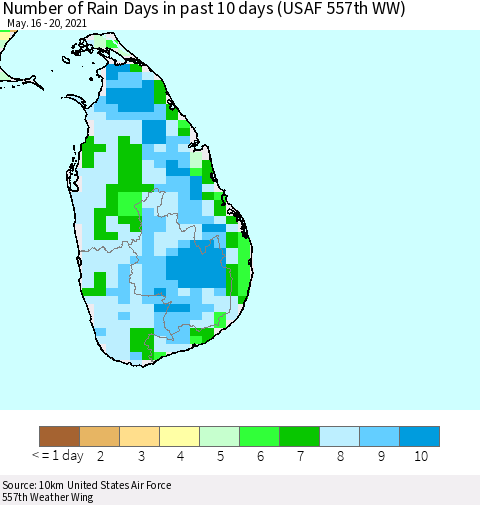 Sri Lanka Number of Rain Days in past 10 days (USAF 557th WW) Thematic Map For 5/16/2021 - 5/20/2021