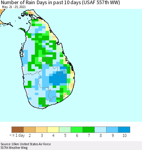 Sri Lanka Number of Rain Days in past 10 days (USAF 557th WW) Thematic Map For 5/21/2021 - 5/25/2021
