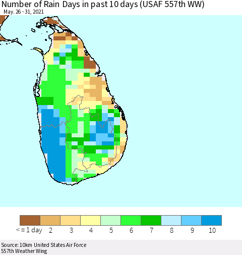 Sri Lanka Number of Rain Days in past 10 days (USAF 557th WW) Thematic Map For 5/26/2021 - 5/31/2021