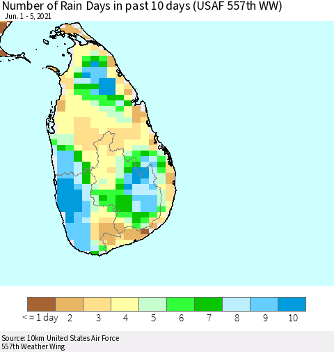 Sri Lanka Number of Rain Days in past 10 days (USAF 557th WW) Thematic Map For 6/1/2021 - 6/5/2021