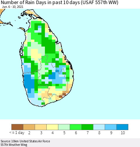 Sri Lanka Number of Rain Days in past 10 days (USAF 557th WW) Thematic Map For 6/6/2021 - 6/10/2021