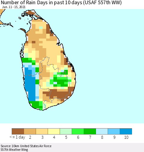 Sri Lanka Number of Rain Days in past 10 days (USAF 557th WW) Thematic Map For 6/11/2021 - 6/15/2021
