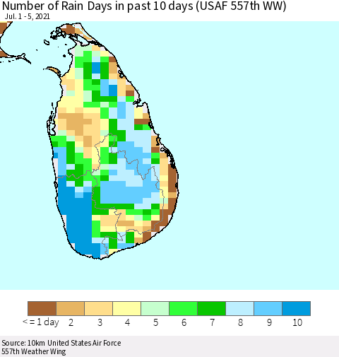 Sri Lanka Number of Rain Days in past 10 days (USAF 557th WW) Thematic Map For 7/1/2021 - 7/5/2021
