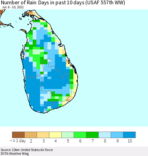 Sri Lanka Number of Rain Days in past 10 days (USAF 557th WW) Thematic Map For 7/6/2021 - 7/10/2021