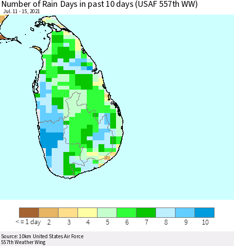 Sri Lanka Number of Rain Days in past 10 days (USAF 557th WW) Thematic Map For 7/11/2021 - 7/15/2021