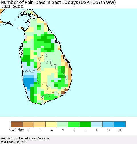 Sri Lanka Number of Rain Days in past 10 days (USAF 557th WW) Thematic Map For 7/16/2021 - 7/20/2021