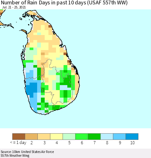Sri Lanka Number of Rain Days in past 10 days (USAF 557th WW) Thematic Map For 7/21/2021 - 7/25/2021