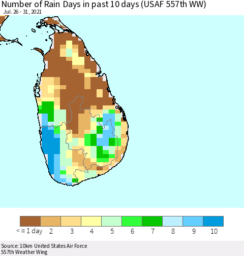 Sri Lanka Number of Rain Days in past 10 days (USAF 557th WW) Thematic Map For 7/26/2021 - 7/31/2021