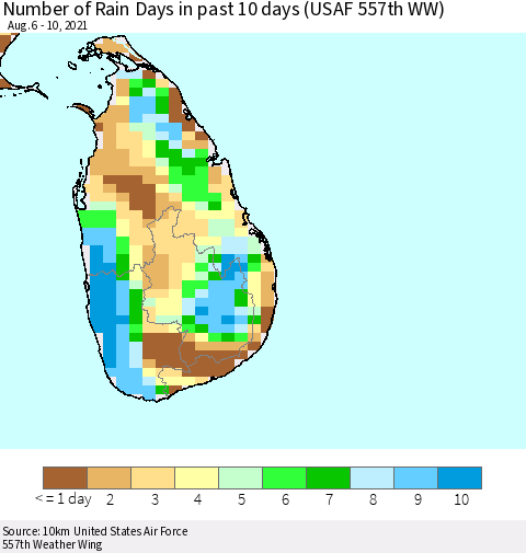Sri Lanka Number of Rain Days in past 10 days (USAF 557th WW) Thematic Map For 8/6/2021 - 8/10/2021