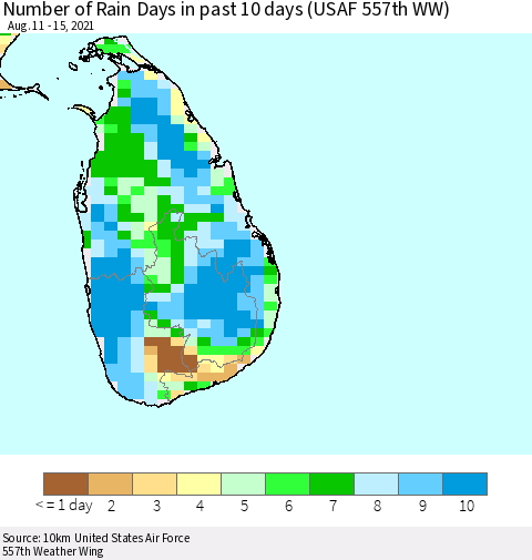 Sri Lanka Number of Rain Days in past 10 days (USAF 557th WW) Thematic Map For 8/11/2021 - 8/15/2021