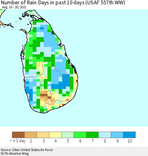 Sri Lanka Number of Rain Days in past 10 days (USAF 557th WW) Thematic Map For 8/16/2021 - 8/20/2021